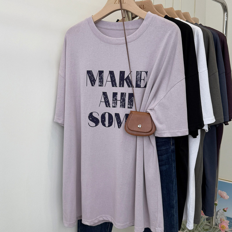 Korean Style Shark Pants Mid-Length T-Shirt That Covers the Buttocks, Oversized Short-Sleeve 2026 Summer Cotton Breathable Base Shirt for Women