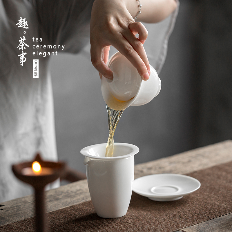 Babson d dehua white porcelain tureen suet jade ceramic cups footed three bowls of kung fu tea home