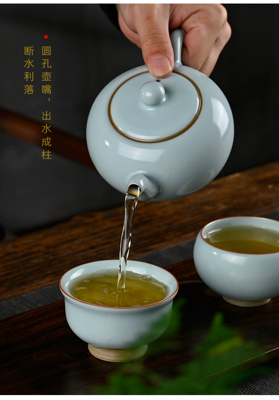 Bộ ấm trà Ru Kiln Kung Fu thủ công cao cấp dành cho gia đình Bộ hoàn chỉnh màu xanh da trời có thể mở được Ru sứ ấm trà nắp bát hộp quà tặng ấm tích pha trà bộ ấm trà in logo