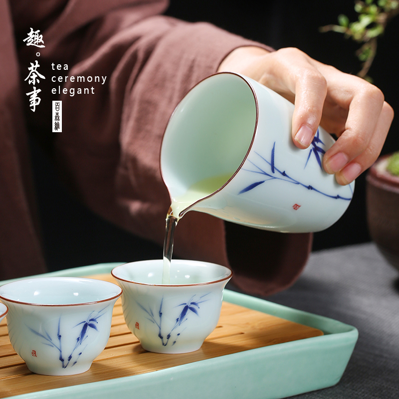 Dehua white porcelain kung fu tea set contracted household green ceramic lid bowl cups of a complete set of blue and white porcelain