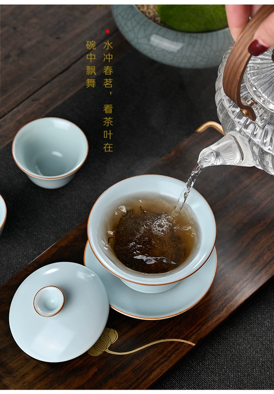 Bộ ấm trà Ru Kiln Kung Fu thủ công cao cấp dành cho gia đình Bộ hoàn chỉnh màu xanh da trời có thể mở được Ru sứ ấm trà nắp bát hộp quà tặng ấm tích pha trà bộ ấm trà in logo
