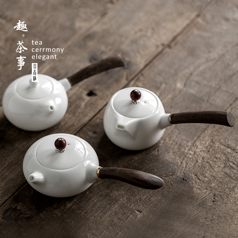 Side of dehua white porcelain pot of wooden Japanese teapot informs the jade porcelain tea sets ceramic teapot single pot of kung fu