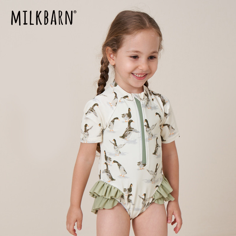 Milkbarn2023 Summer Children One-piece Swimsuit Baby Short Sleeve Triangle Swimsuit Girl Lotus Leaf Side Swimsuit Pants-Taobao