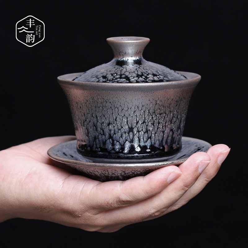 Manual jianyang ceramic tureen built lamp that only three cups small tire oil tea red glaze, kung fu tea set iron bowl