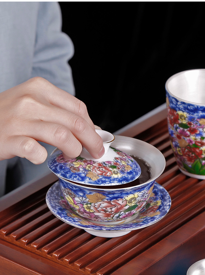 Jingdezhen ceramic three blue and white manual coppering. As silver tureen tea cups to make tea bowl household kung fu tea set with zero