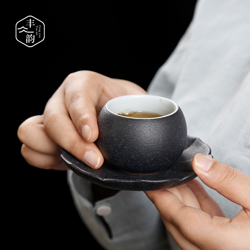 Coarse pottery kung fu tea cup home market metrix of ceramic tea set small single cup with cup mat sample tea cup set of tea cups