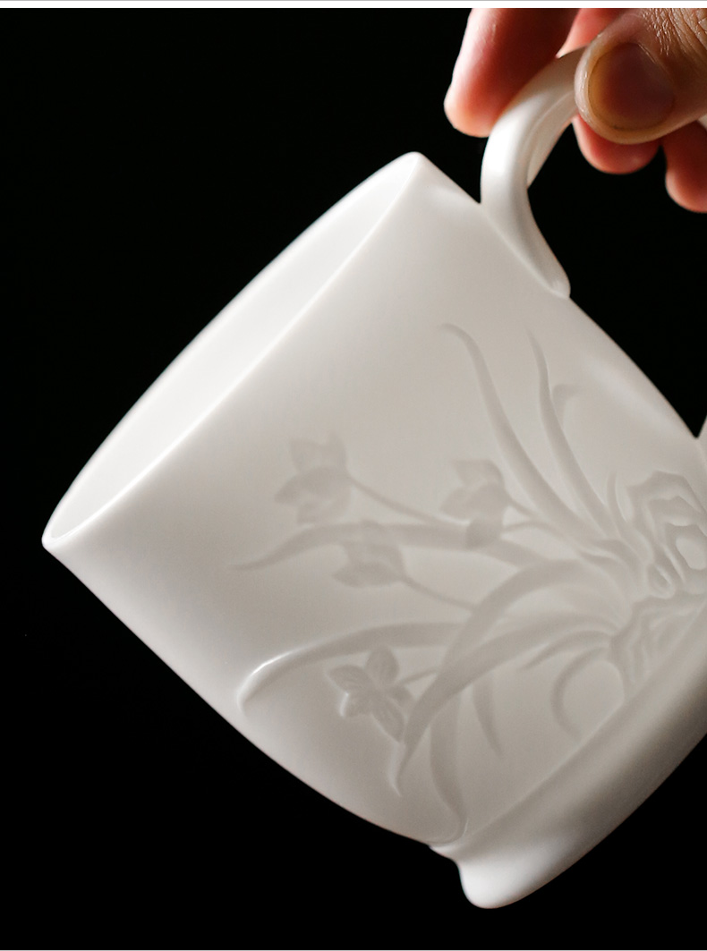 Dehua white porcelain suet jade cup single cup with cover and biscuit firing high - grade office checking ceramic tea cup