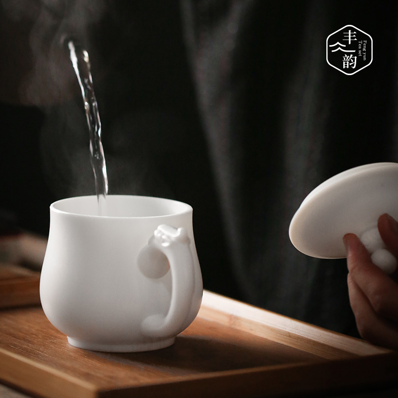 Dehua suet jade white porcelain with cover glass ceramic tea cup office meeting cup personal cup high - grade boss cup