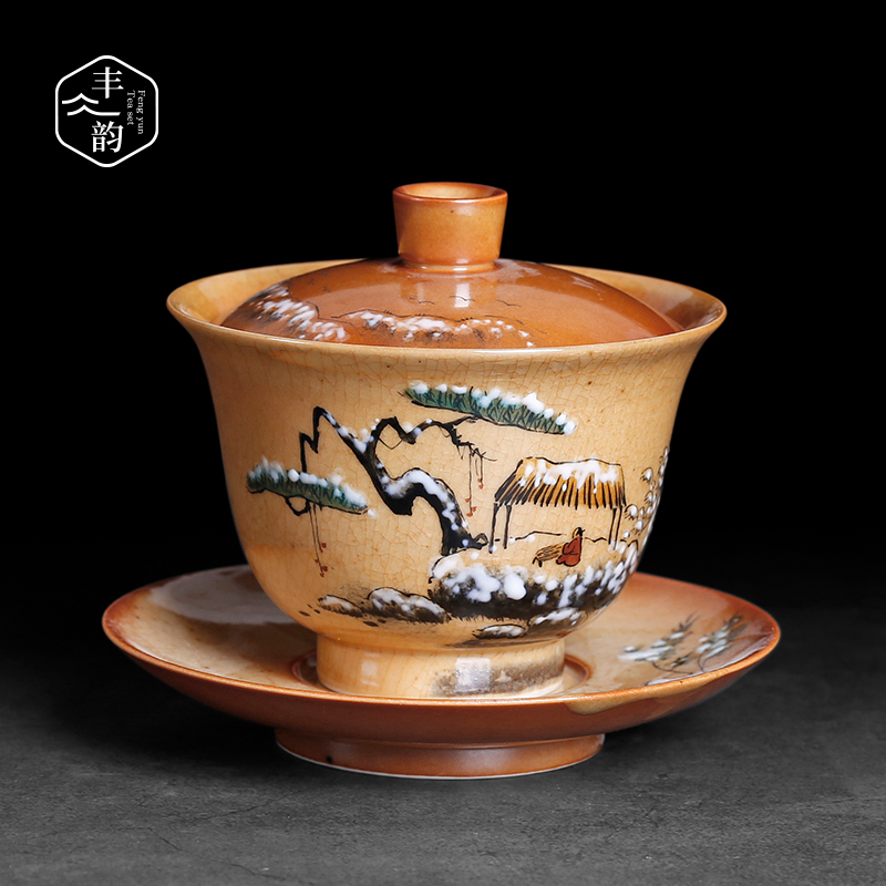 Hand - made tureen pure manual jingdezhen up three bowl large ceramic tea set tea cup single restoring ancient ways