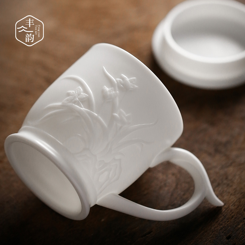 Dehua white porcelain suet jade cup single cup with cover and biscuit firing high - grade office checking ceramic tea cup