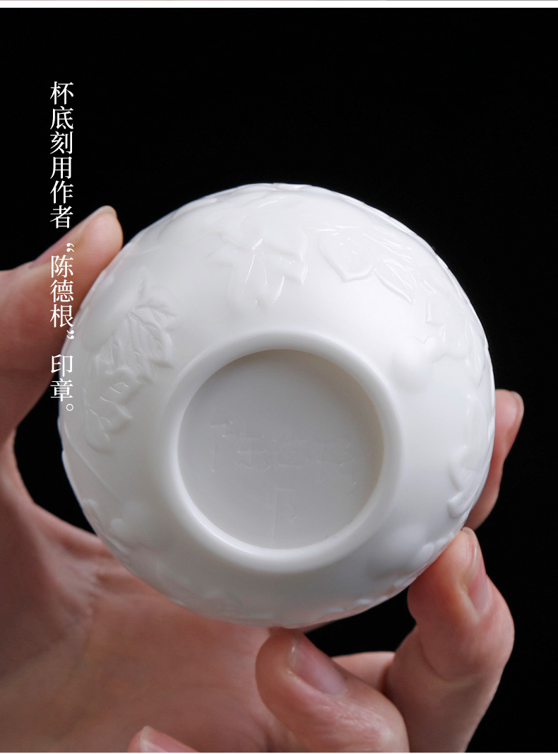 Pure manual white porcelain master cup anaglyph large relief personal single CPU dehua ceramic tea set kung fu tea cups