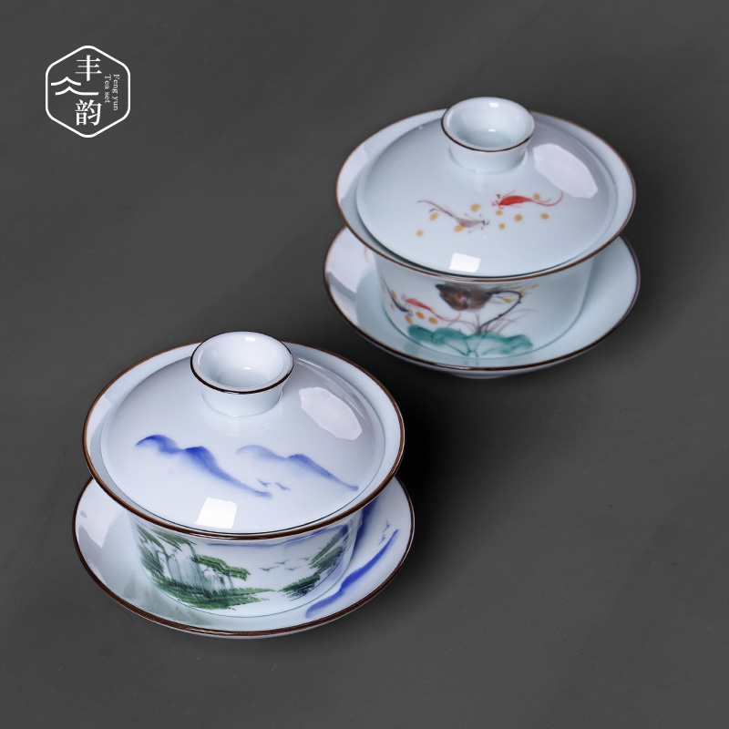 Queen tureen king 300 ml restoring ancient ways is blue and white porcelain three teacups hand - made kung fu tea bowl of a single tea set