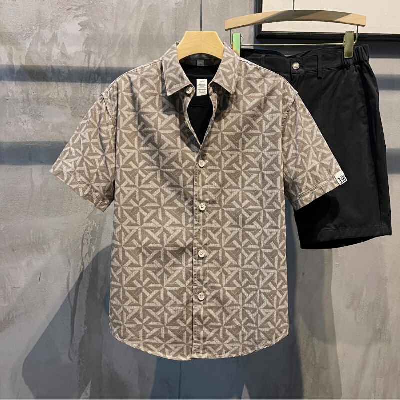 European-Style An&Lv/Angel Green Floral Men's Shirts, Selected New Summer Trendy Fashion Plaid Short Shirts for Men
