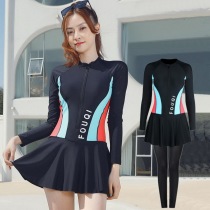 Long sleeve swimsuit womens split skirt style meat cover slim trousers sunscreen quick-drying hot spring swimsuit two-piece diving mother suit