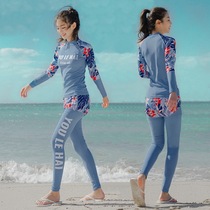 Long sleeve swimsuit women split flat corner trousers hot spring swimsuit sunscreen quick-drying light blue surf suit snorkeling jellyfish coat