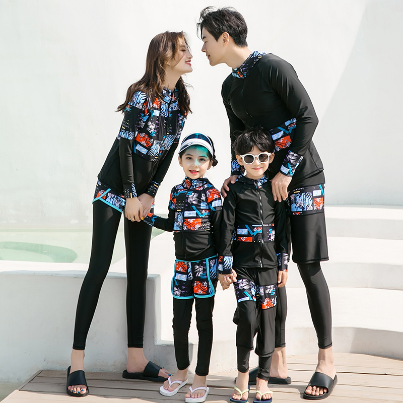 Parent-child swimsuit Family dress Girl boy two-piece long-sleeved trousers Hooded Sunscreen Quick-drying snorkeling surfing jellyfish suit