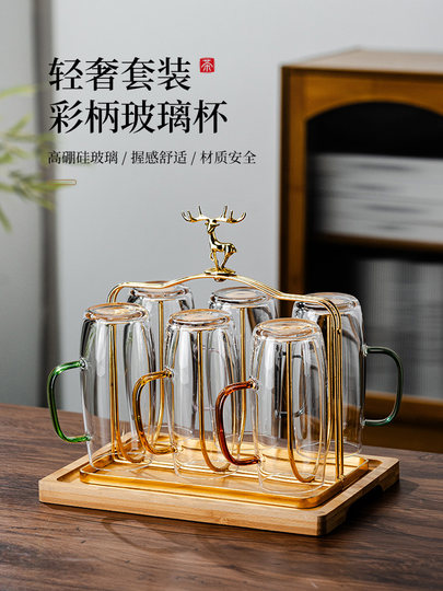 High-end green tea glass cup, family tea cup tray set, high borosilicate glass water cup with handle