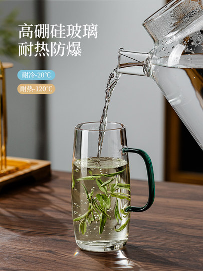 High-end green tea glass cup, family tea cup tray set, high borosilicate glass water cup with handle