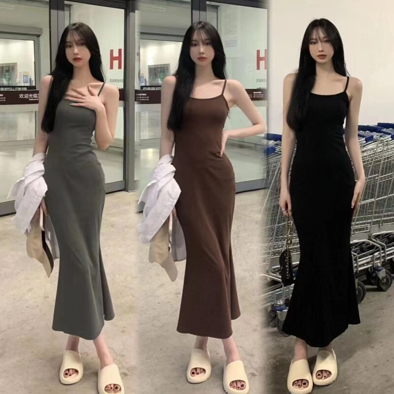 Hong Kong Style Retro Fishtail Dress for Women, Summer Elegant Inner Wear Camisole Long Dress, Sexy Sleeveless Slimming Bodycon Skirt