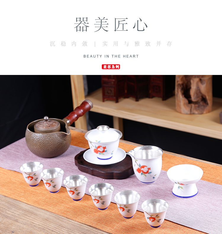 The ancient sheng up coppering. As silver tea set hand - made kung fu tea cup lid bowl of a complete set of blue and white porcelain is jingdezhen ceramics