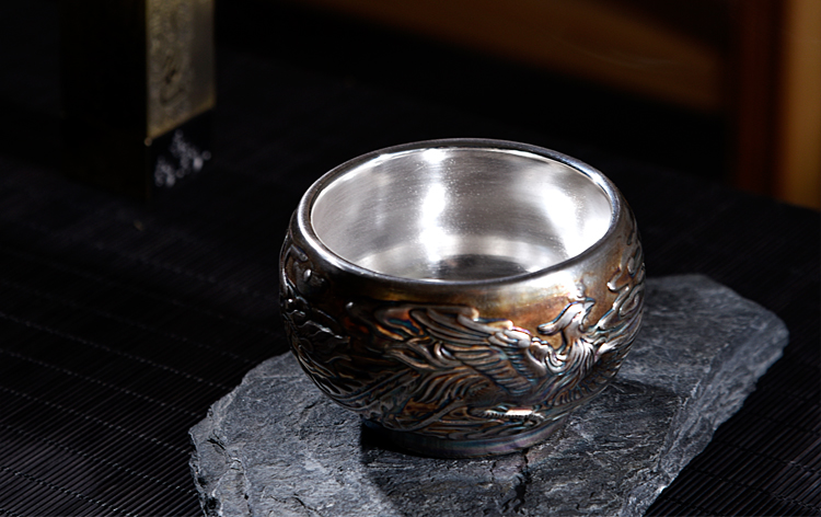The ancient new Japanese antique silver, pure manual fire phoenix kung fu sheng up household ceramics bladder tasted silver gilding masters cup