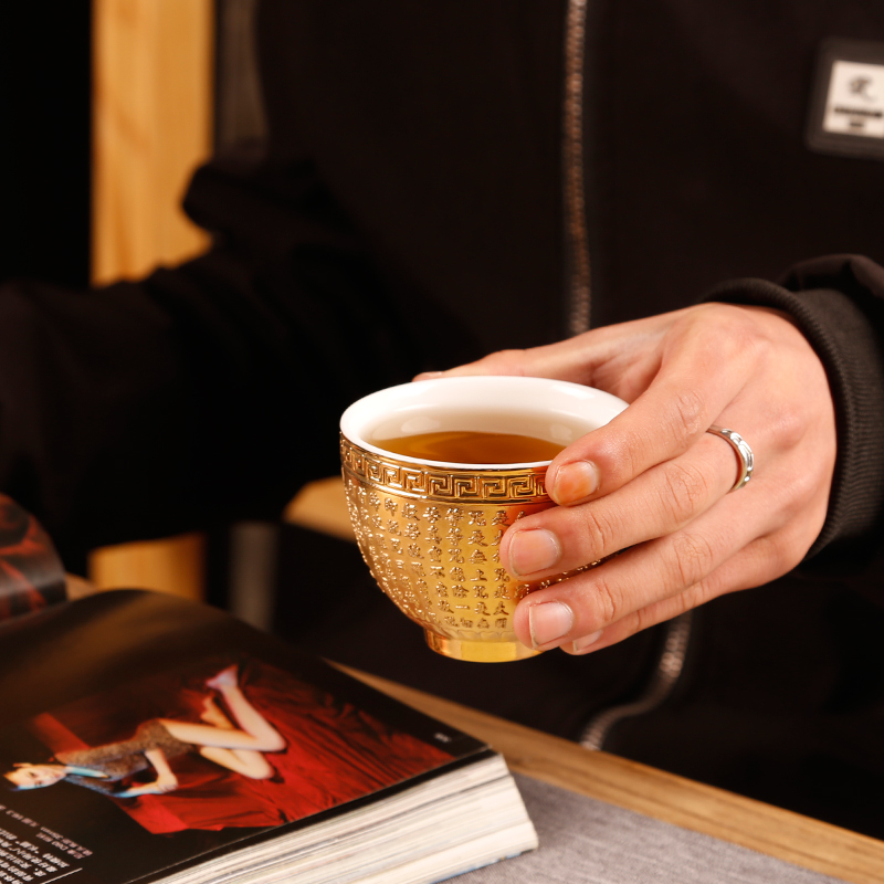 The ancient up with 24 k gold heart sutra cup tea light golden cup kung fu master cup personal single cup sample tea cup white porcelain cups