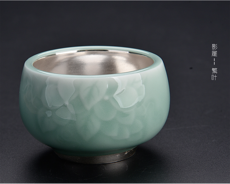 Ancient sheng up celadon master 99 sterling silver cup single CPU ceramic checking coppering. As silver sample tea cup large MeiQingYing green cups