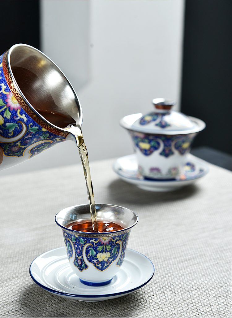 The ancient sheng up coppering. As silver tea set blue and white porcelain enamel teapot silver cups kung fu tea set of a complete set of The home