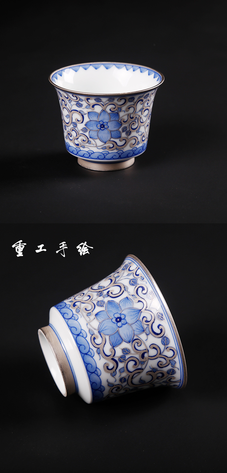 The ancient silver cup pure manual coppering. As sheng up 999 sterling silver master cup with silver blue cup of jingdezhen ceramic cup