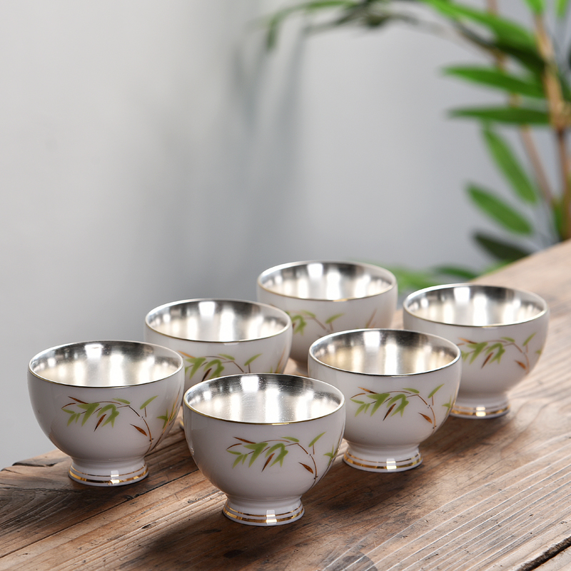 Ancient sheng up new six silver ceramic coppering. As silver tea service master cup Chinese lacquer single cup sample tea cup hand - made of bamboo cups