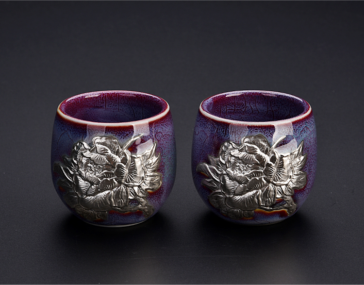 Ancient new riches and honor peony jun sheng up with silver sterling silver checking tea cup kung fu master CPU