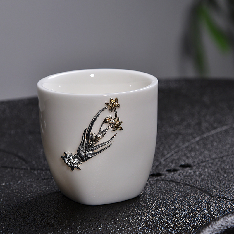 The ancient sheng up new lotus white porcelain ceramic whitebait cup silver inlaid with silver tea sample tea cup, master cup single cup bowl