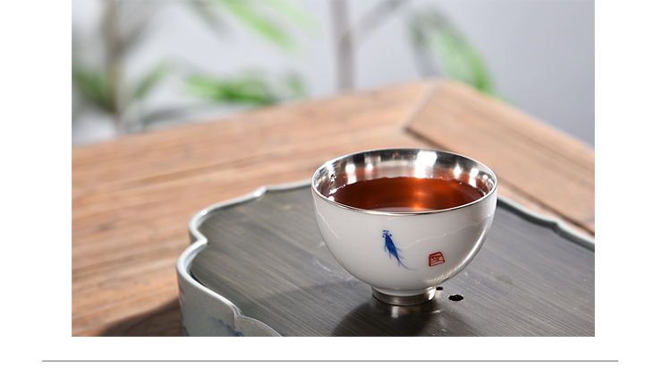 Ancient sheng up hand - made porcelain tasted silver gilding suet jade porcelain cup 999 sterling silver, small sample tea cup master cup single CPU