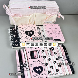 Ballet Black and Pink Bowknot Girly Stationery Gift Pack for Back-To-School Gifts, Teacher and Parent Rewards, Student Stationery Collection, Pencil Case, Gel Pen, Small Notebook, Study Supplies Combo Set