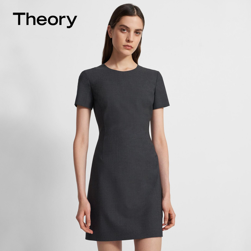 Good Wool] Theory Women's Round Neck Short Sleeve Wool Blend Slim Dress H0101632
