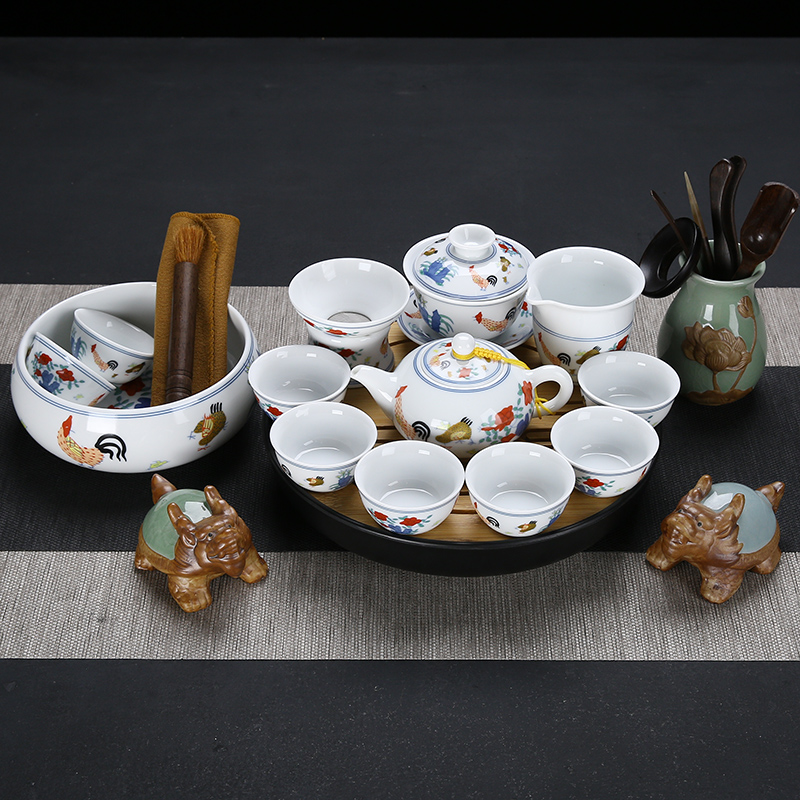 Kung fu tea set porcelain of a complete set of blue and white porcelain cup chicken cylinder white porcelain tureen teapot teacup tea wash tea tray was set combination