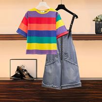 Large size womens womens summer 2021 New stripe short sleeve age age temperament thin denim strap shorts two-piece set