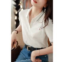 Short-sleeved T-shirt women 2021 summer New loose skinny contrast embroidery white cotton wild POLO POLO collar top