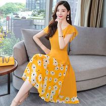 2021 summer new long print size womens fashion lotus leaf sleeves waist fat mm chiffon dress