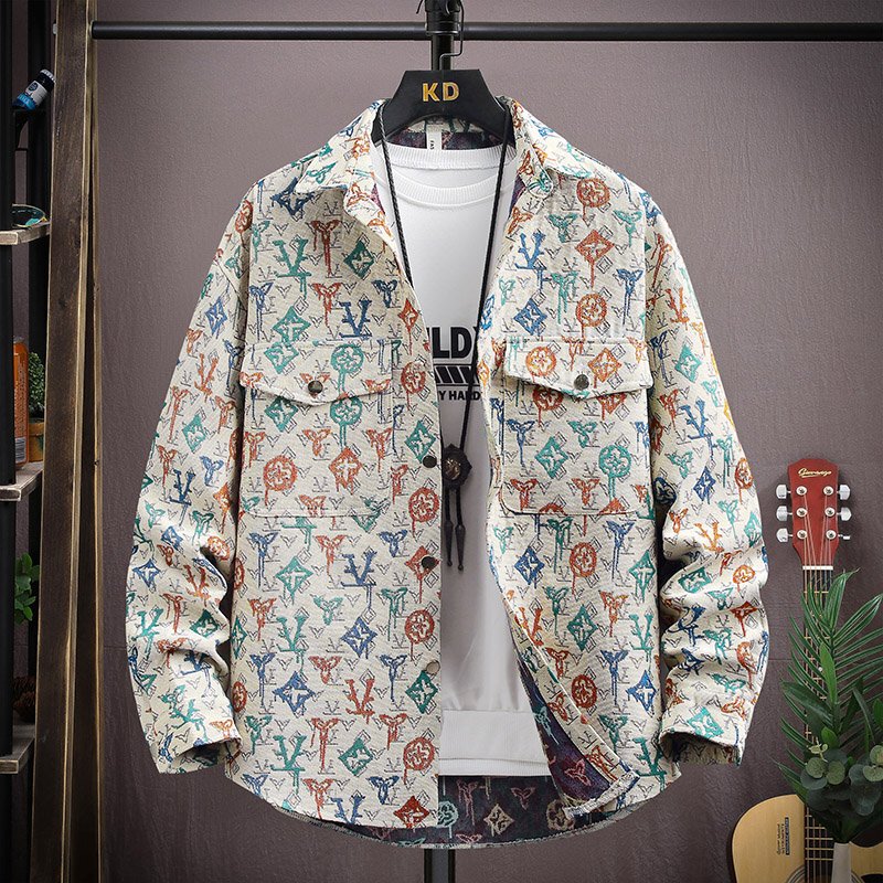 European-Style An&Lv/Angel Green Spring and Autumn Personalized Floral Woven Long-Sleeve Shirt Men's Thin Jacket for Young People