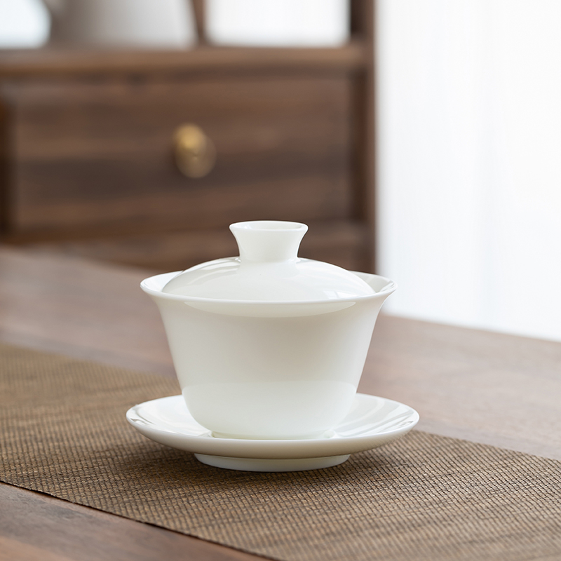 Defied goat fat jade white porcelain lid bowl ceramic minimalist tea maker small and medium size single three-only bowl Gongfu tea furniture for household