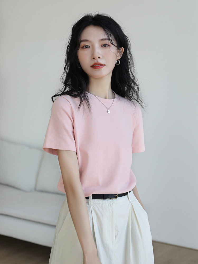 2024新款宽松纯棉打底衫上衣百搭基础款圆领粉色正肩短袖女t恤夏