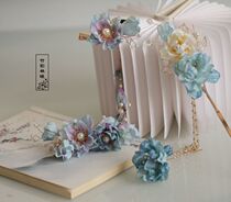 Blue Tang style headdress silk flower peony hair ornaments tassel step shake hairpin daily cheozi skirt hair hairpin back Press ear ornaments