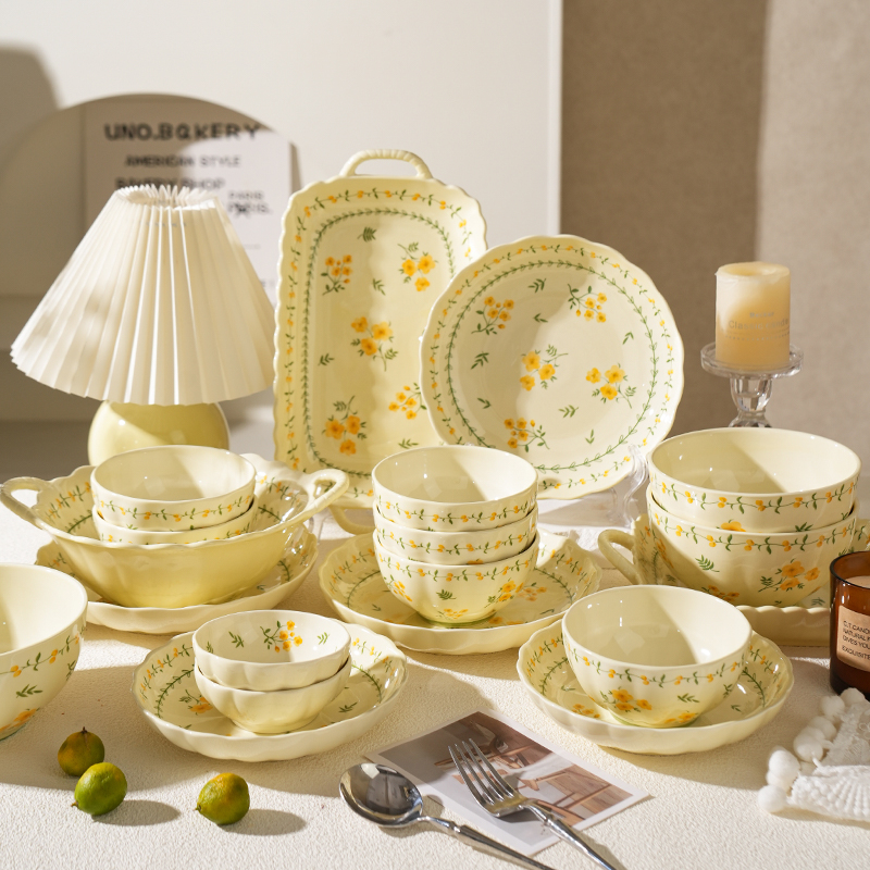 シェリ 釉下彩色ボウル＆皿セット 家庭用 2024年新作 陶器ボウル＆皿コンビネーション 新築祝い 食器 ギフトボックス