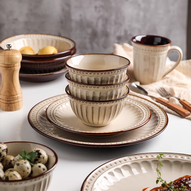 Sheri American-Style Retro Bowl and Plate Set for Home Use, Creative Rice Bowl, Flat Plate, European-Style Ceramic Western Dinner Plate, Tableware