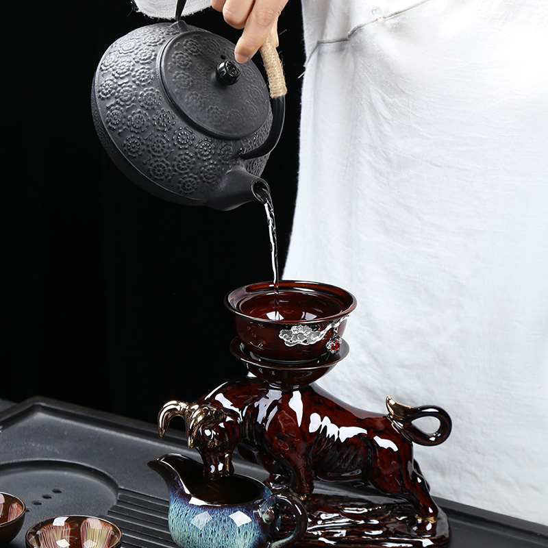 Ya xin kung fu tea set of a complete set of domestic up built red glaze, ceramic cups lid bowl with silver
