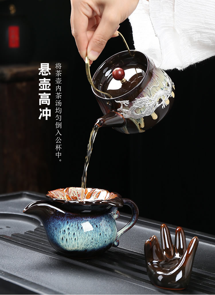 Ya xin kung fu tea set of a complete set of domestic up built red glaze, ceramic cups lid bowl with silver