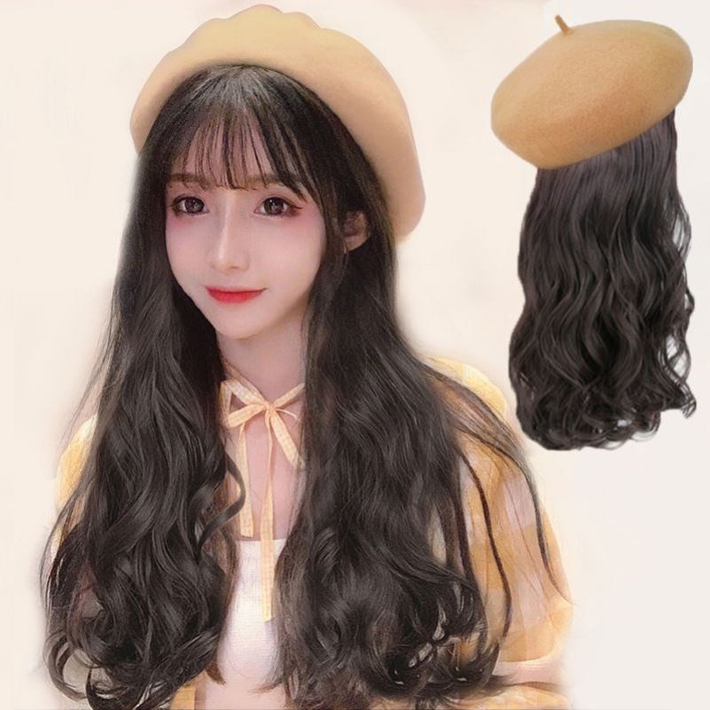 Wearing hat long hair hat One lady Beree with wig cap autumn winter 2021 new net red fashion long curly hair