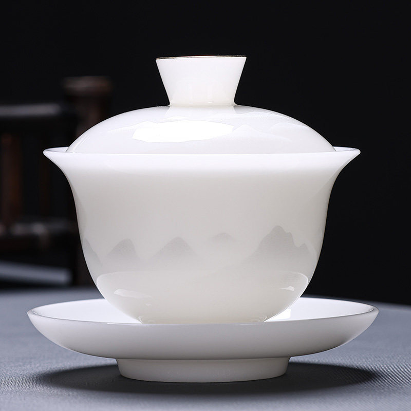 Dehua Ice Jade Cover Bowl Tea Cup Ceramic Tea Set Large Tea Brewing Device Home Kung Fu Three-Talent Tea Bowl Gift Box Set