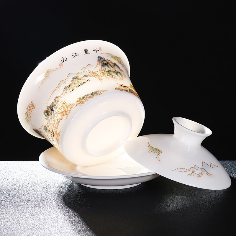 Large Capacity, Vintage Three-Piece Gaiwan with Rotating Lid, Made of Sheep Fat Jade, Suitable for Home Use, Tea Brewing Cup, Kung Fu Tea Set